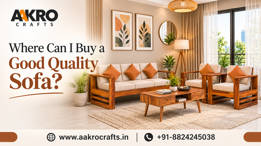 Aakro Crafts premium wooden sofa set with comfortable cushions in a modern living room, showcasing stylish and durable furniture for a quality home interior.