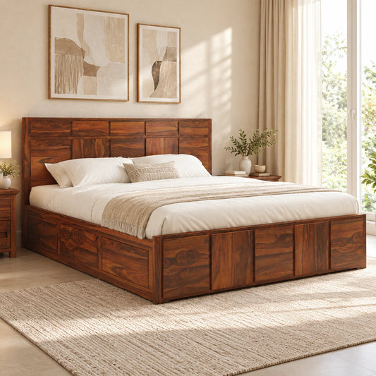 Wooden Box Storage Bed – Block Panel Design
