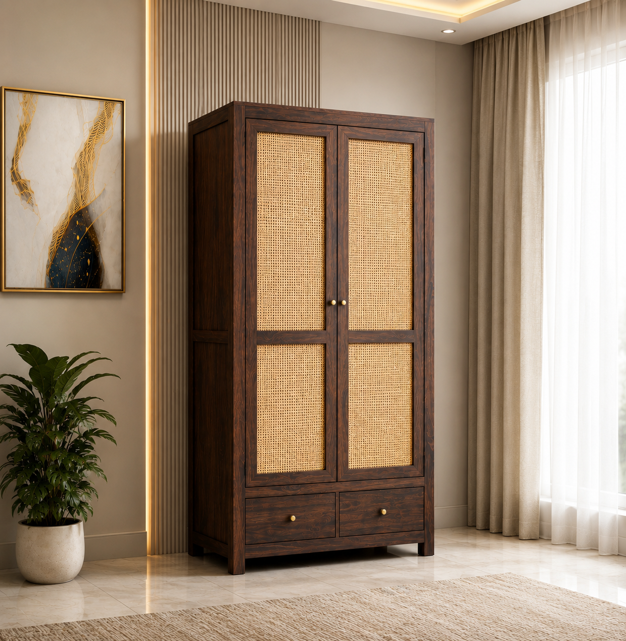 Cane Panel Wooden Wardrobe with Drawers
