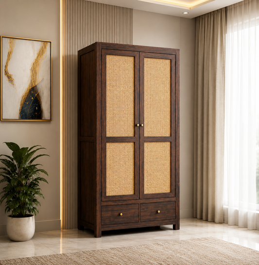 Cane Panel Wooden Wardrobe with Drawers