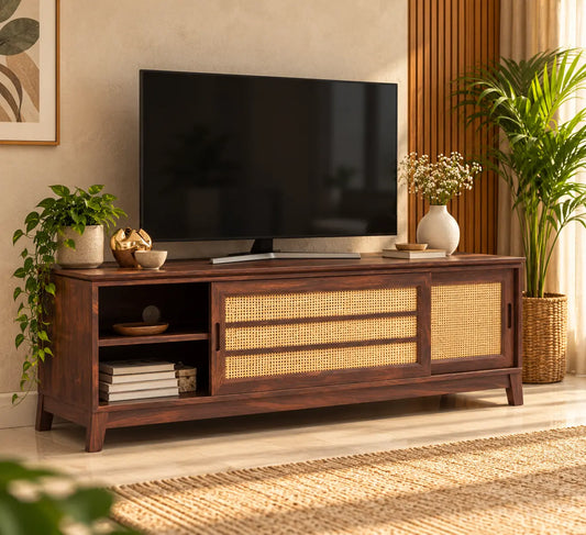 Wooden TV Unit with Sliding Cane Doors | TVC Sliding Door Cane
