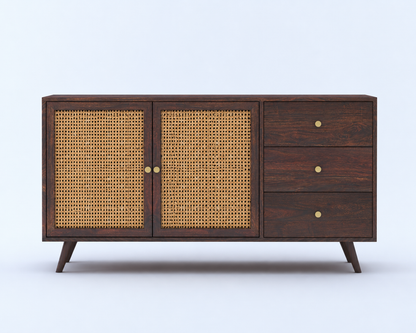 Cane Panel Sheesham Wood Sideboard with 3 Drawers – 2 Door Storage Cabinet