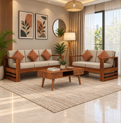 Grey Fabric 3+2 Seater Sofa Set with Solid Wood Frame