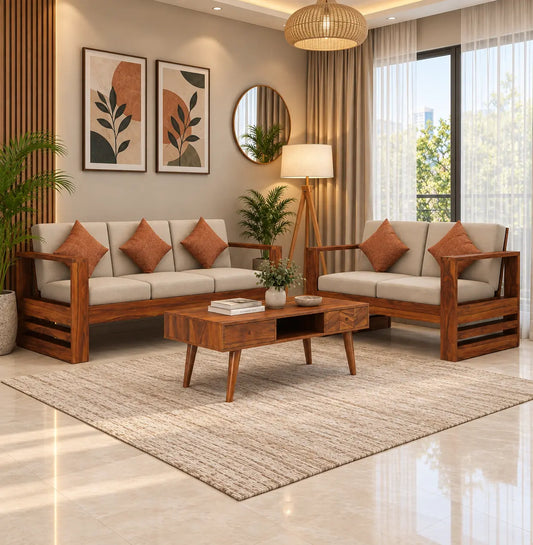 Grey Fabric 3+2 Seater Sofa Set with Solid Wood Frame