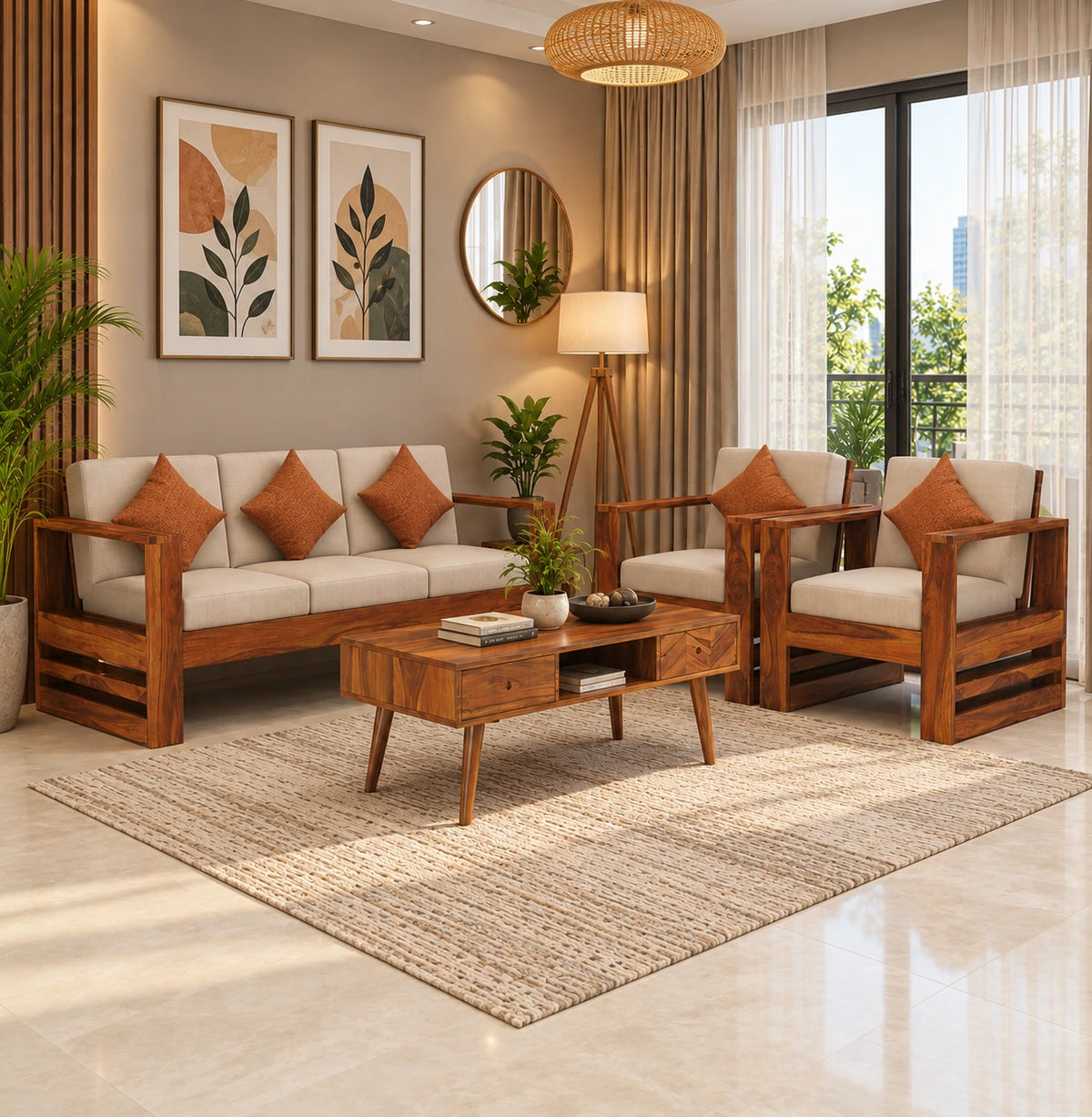 Solid Wood 3+1+1 Seater Sofa Set