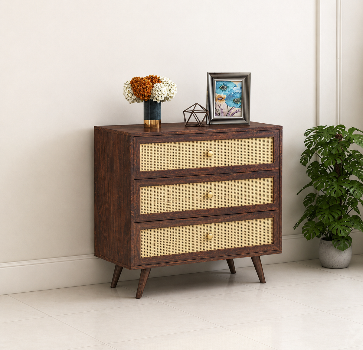 Cane Panel Solid Sheesham Wood Chest of Drawers  3 Drawer Storage