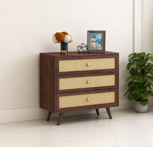 Cane Panel Solid Sheesham Wood Chest of Drawers  3 Drawer Storage