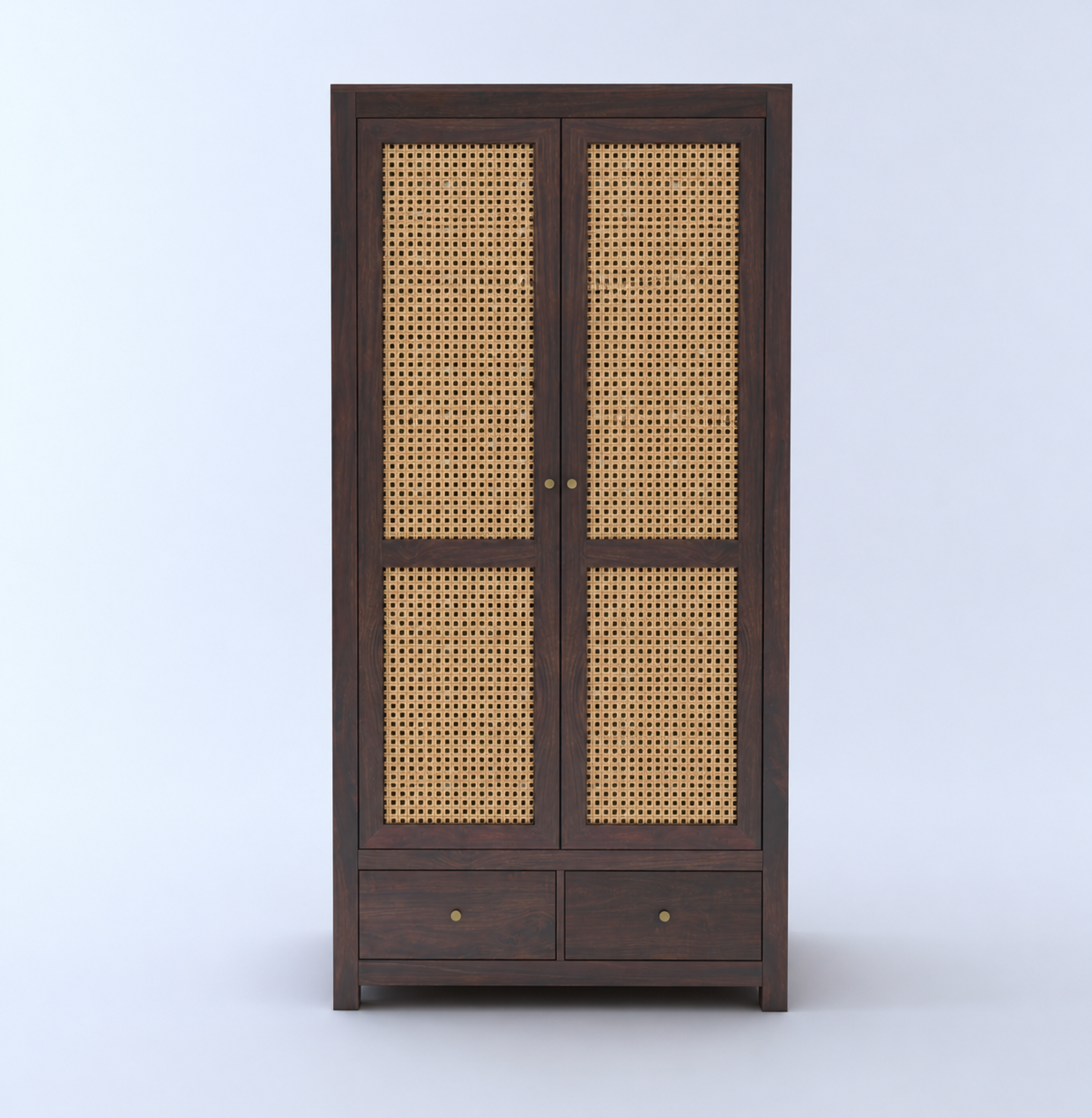 Cane Panel Wooden Wardrobe with Drawers