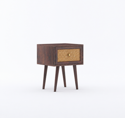 Cane Panel Solid Sheesham Wood Bedside Table 1 Drawer