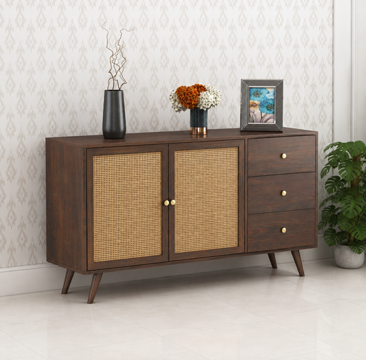 Cane Panel Sheesham Wood Sideboard with 3 Drawers – 2 Door Storage Cabinet