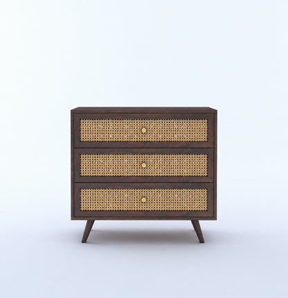 Cane Panel Solid Sheesham Wood Chest of Drawers  3 Drawer Storage