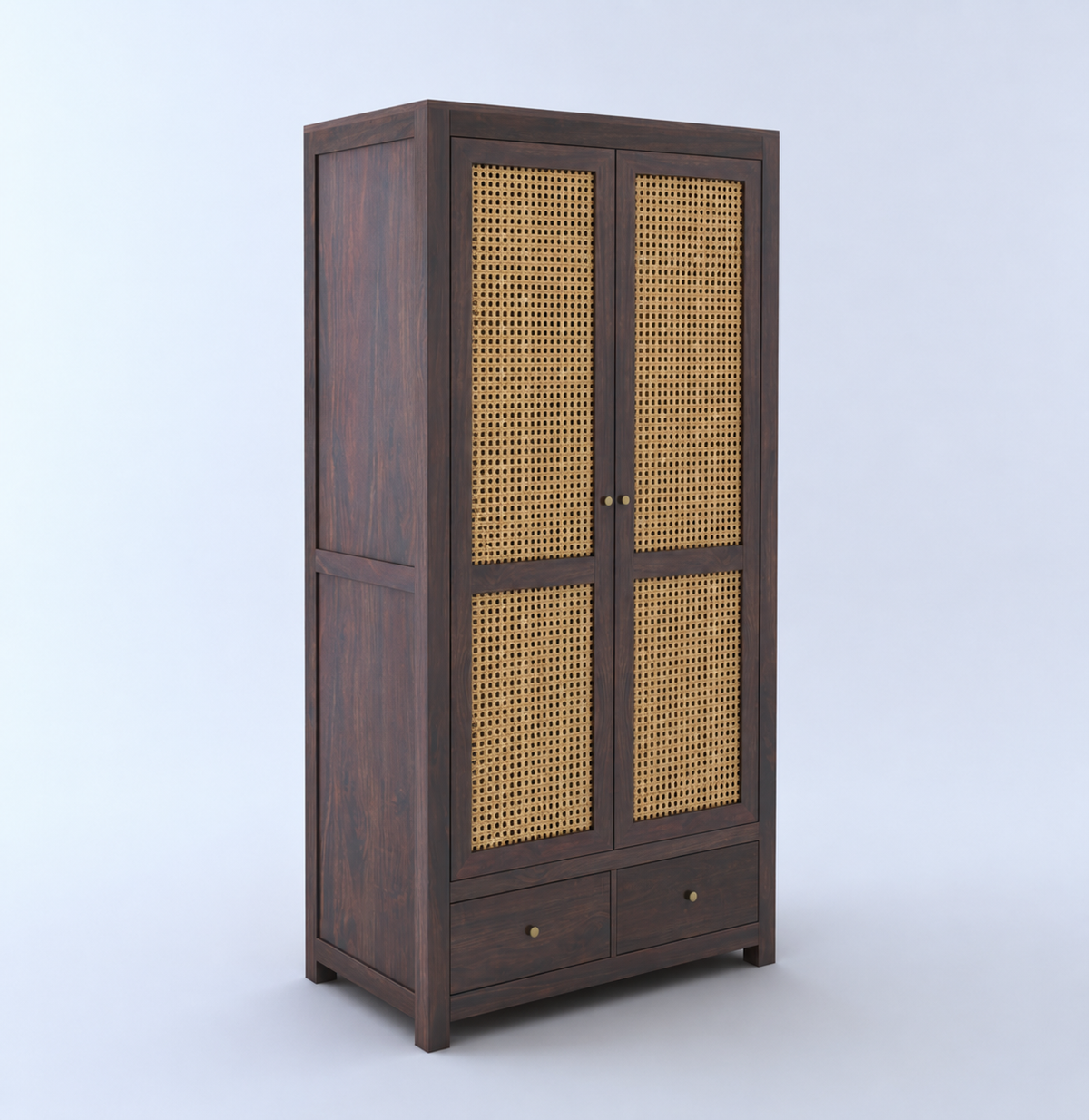 Cane Panel Wooden Wardrobe with Drawers