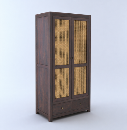 Cane Panel Wooden Wardrobe with Drawers