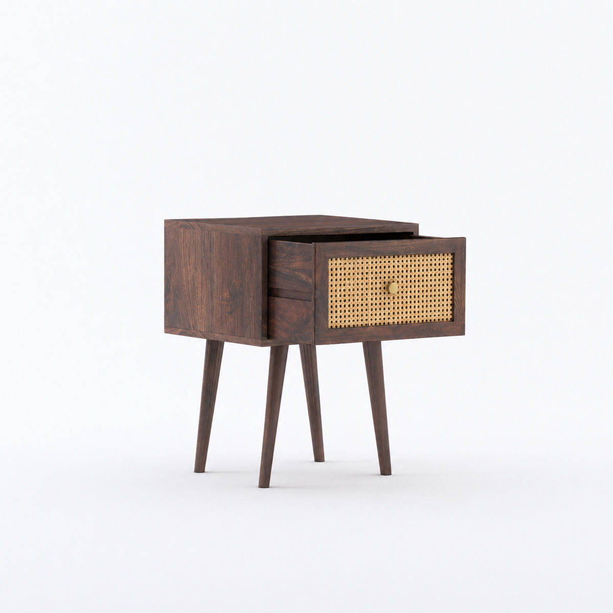 Cane Panel Solid Sheesham Wood Bedside Table 1 Drawer