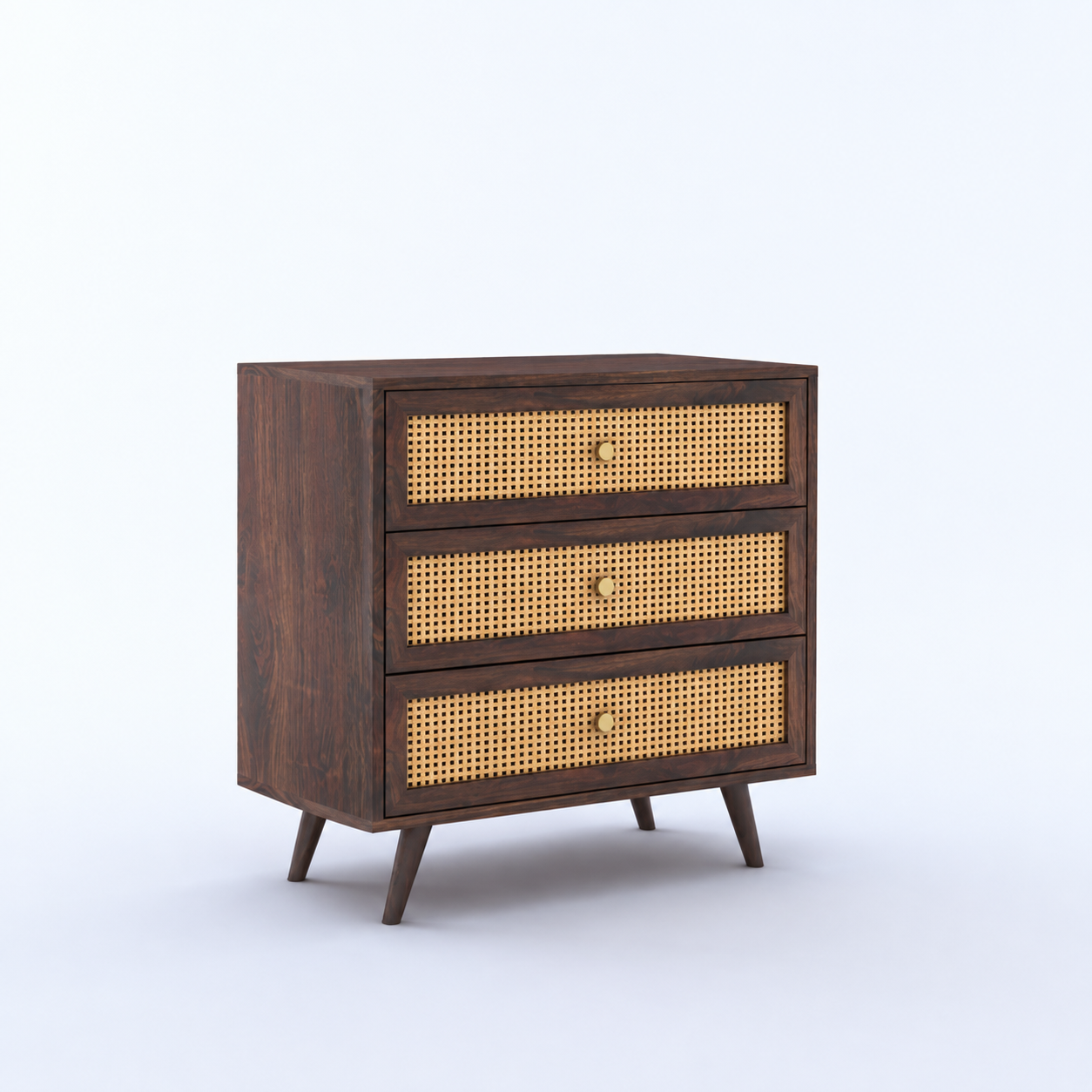 Cane Panel Solid Sheesham Wood Chest of Drawers  3 Drawer Storage