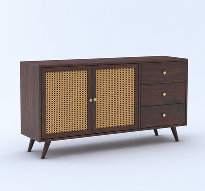 Cane Panel Sheesham Wood Sideboard with 3 Drawers – 2 Door Storage Cabinet