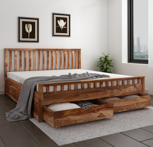 Dreamora Front Drawer Queen Size Bed - Teak Finish