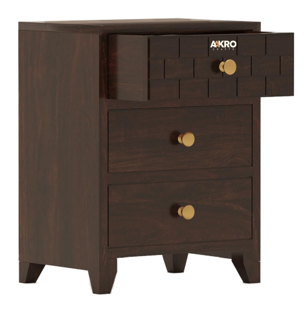 Sheesham Wood Bedside Table with 3 Drawer Storage - Brick Design