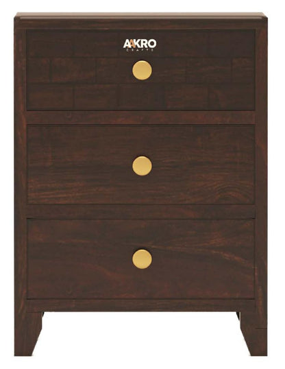 Sheesham Wood Bedside Table with 3 Drawer Storage - Brick Design