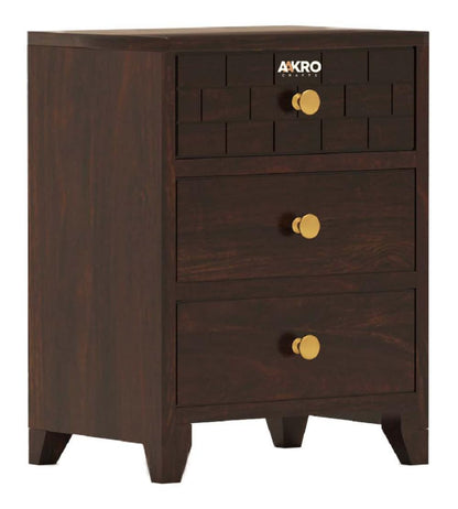 Sheesham Wood Bedside Table with 3 Drawer Storage - Brick Design