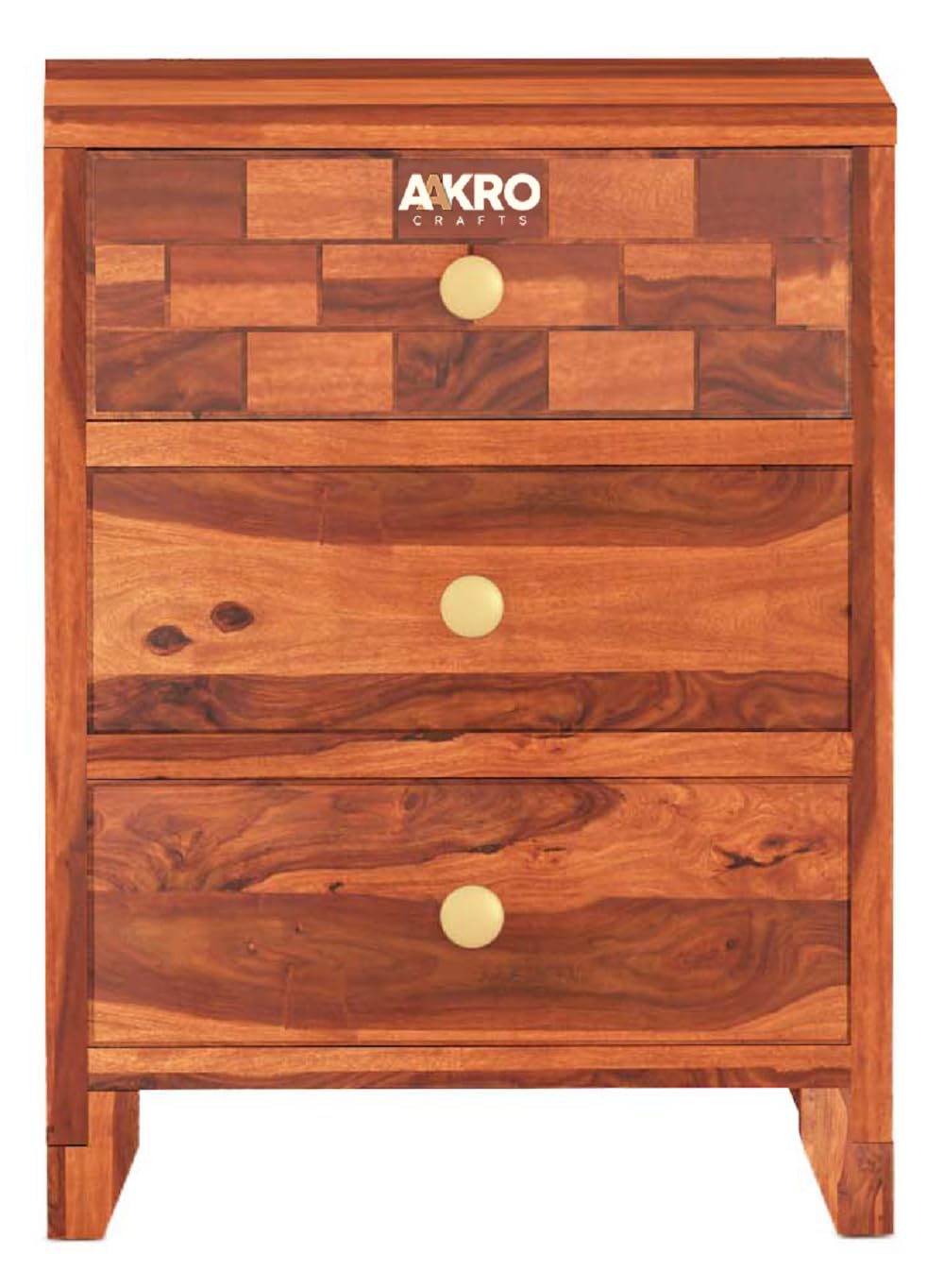 Sheesham Wood Bedside Table with 3 Drawer Storage - Brick Design
