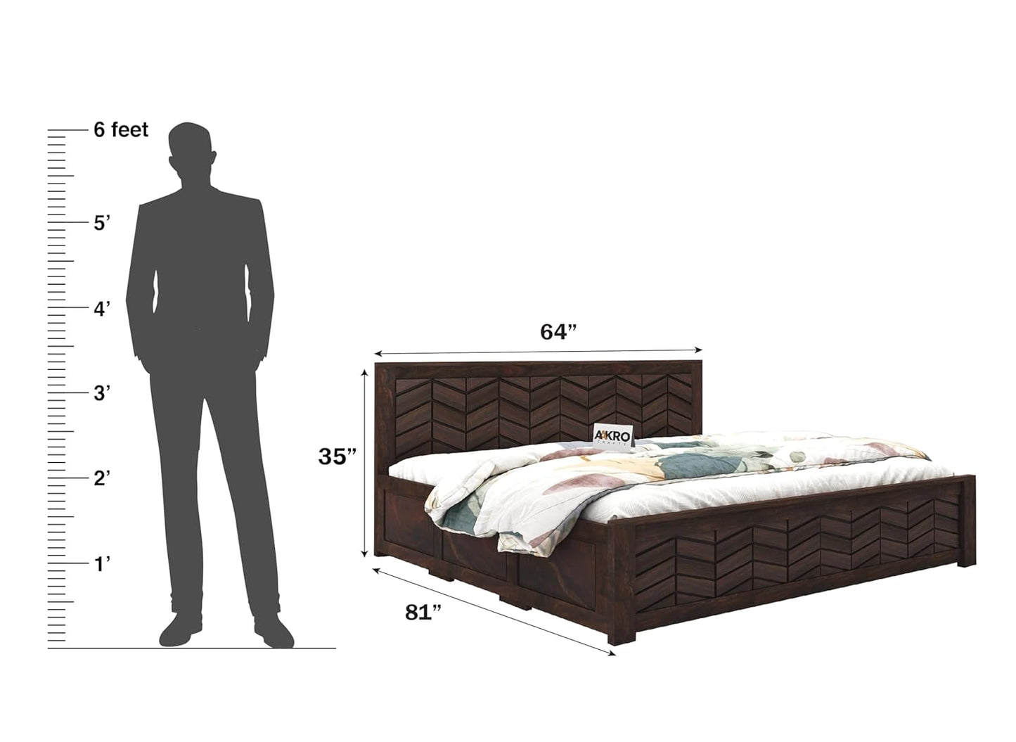 Sheesham Wood Tapered Bed with Box Storage  - 1 Year Warranty - Walnut Finish