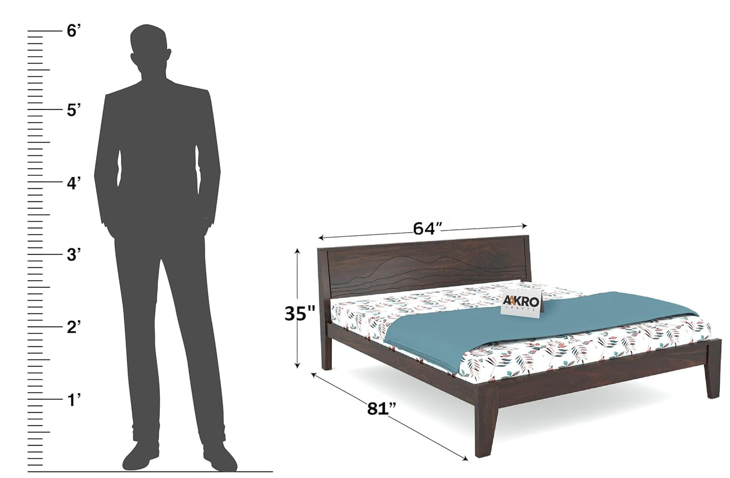 Sheesham Wood Grooved Double Bed Without Storage - Walnut Finish