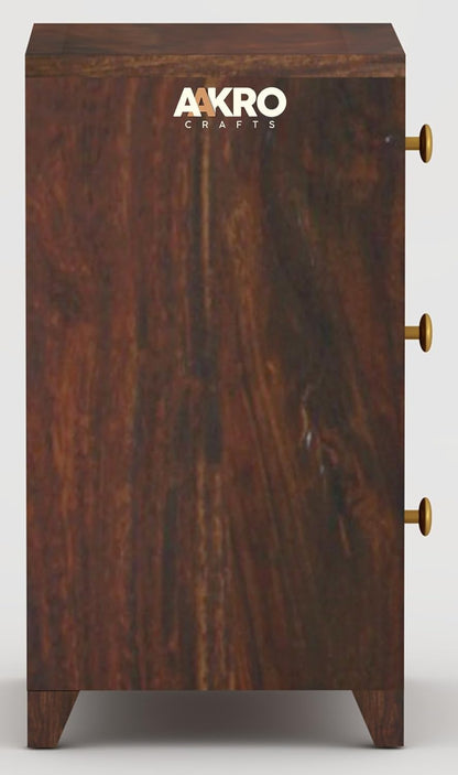 Sheesham Wood Bedside Table with 3 Drawer Storage - Grooved Design