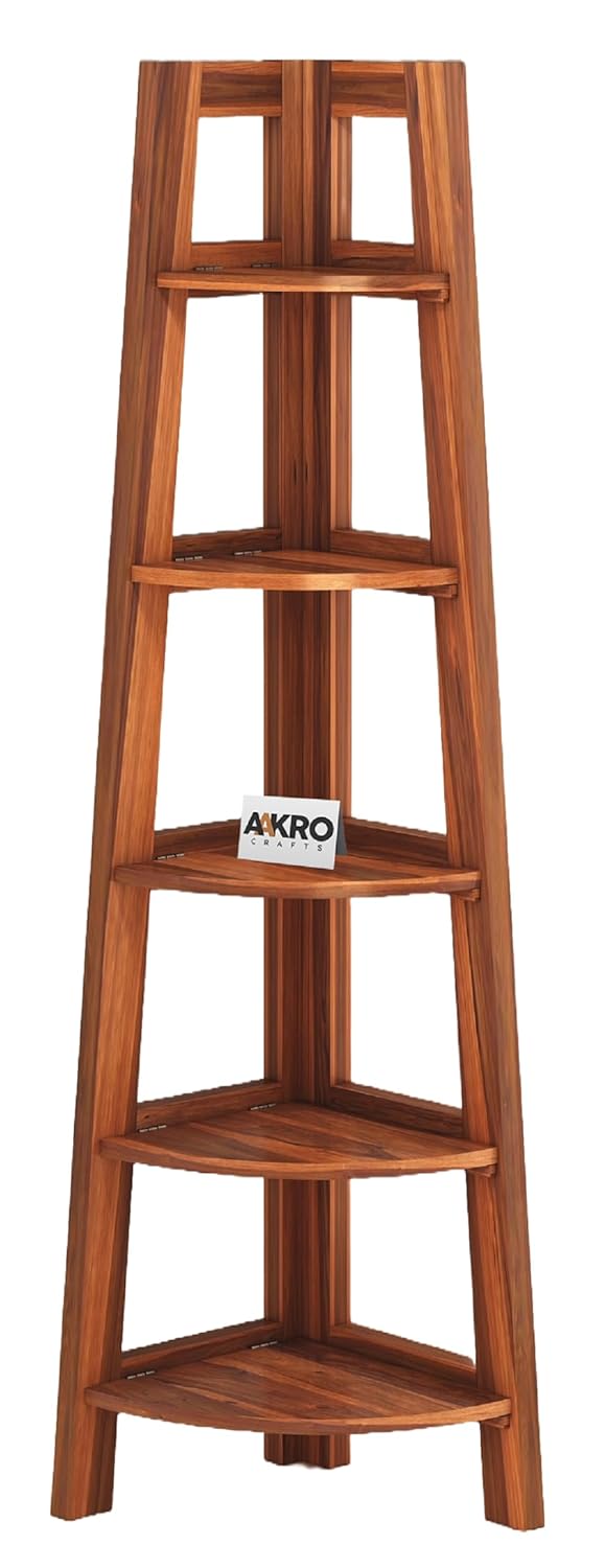 Sheesham Wood 5 Tier Corner Bookshelf / Bookcase Display Unit Honey Finish