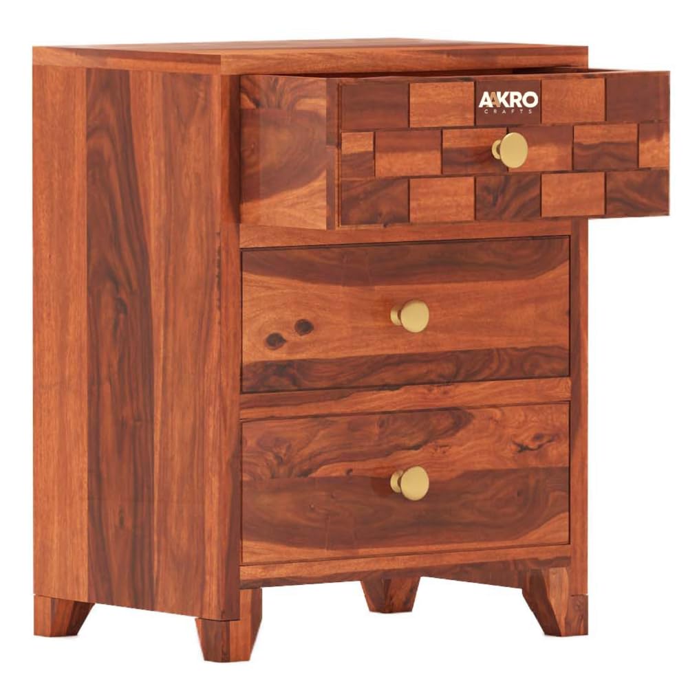 Sheesham Wood Bedside Table with 3 Drawer Storage - Brick Design