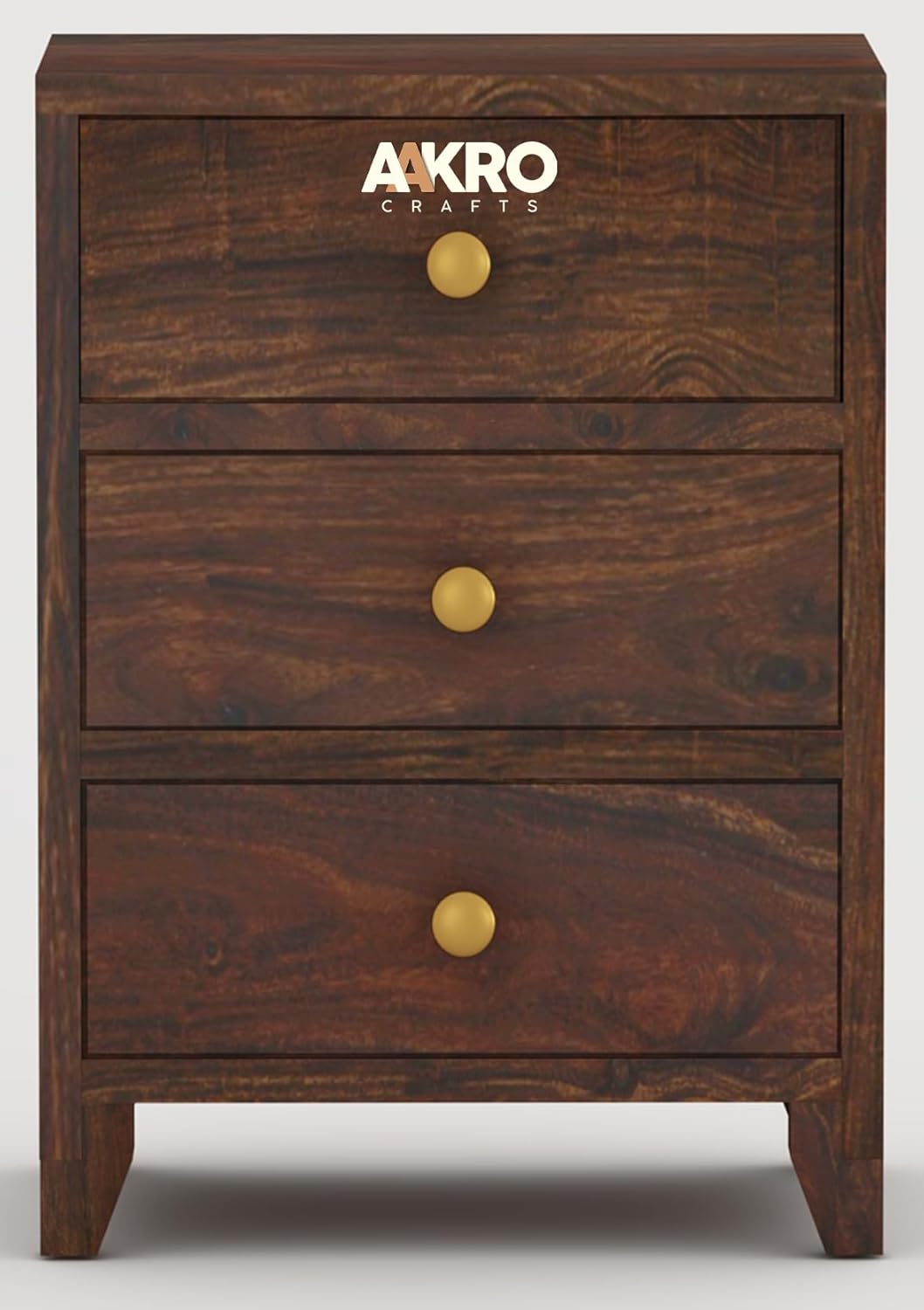 Sheesham Wood Bedside Table with 3 Drawer Storage - Grooved Design