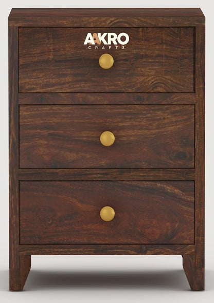 Sheesham Wood Bedside Table with 3 Drawer Storage - Grooved Design