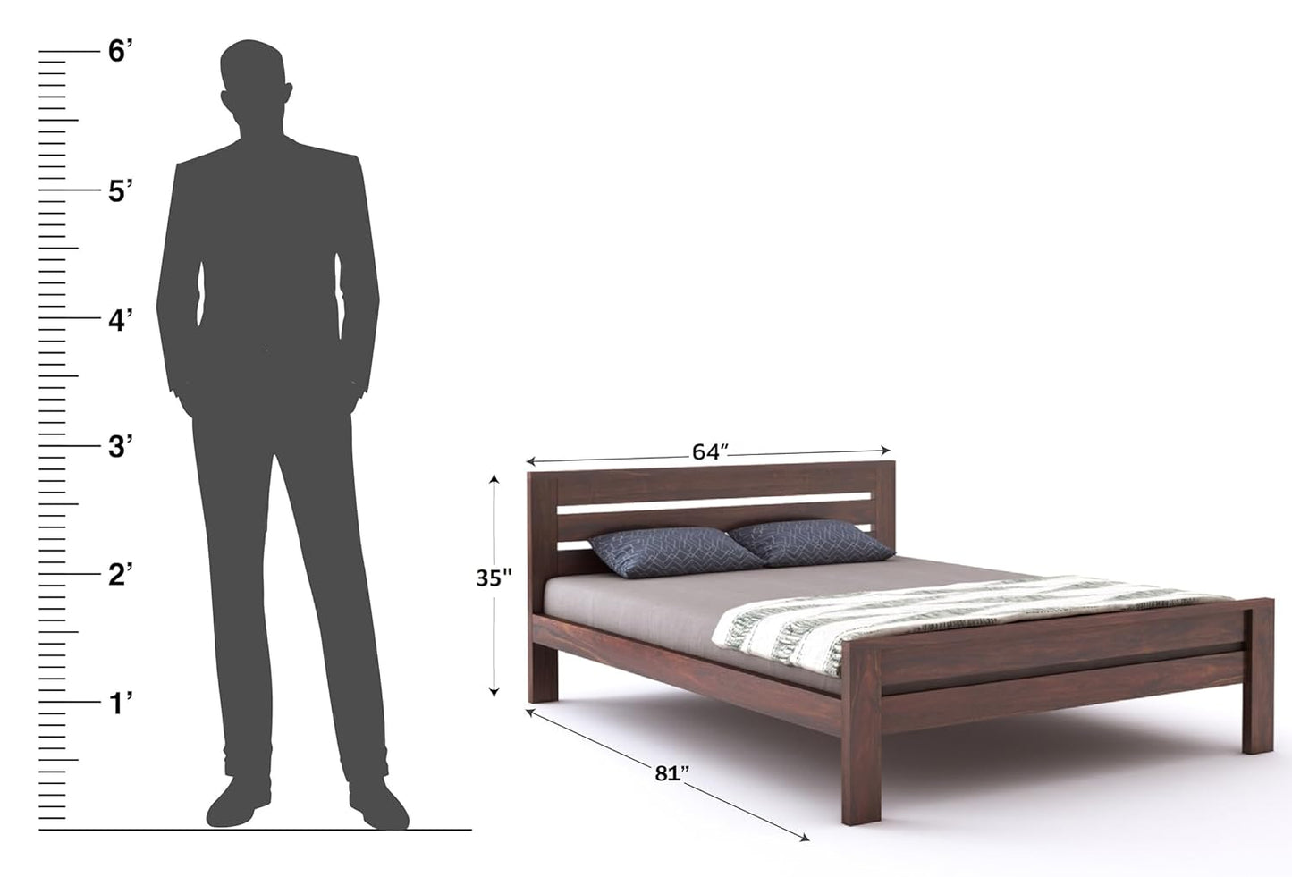 Sheesham Wood Bed Without Storage - 1 Year Warranty - Walnut Finish