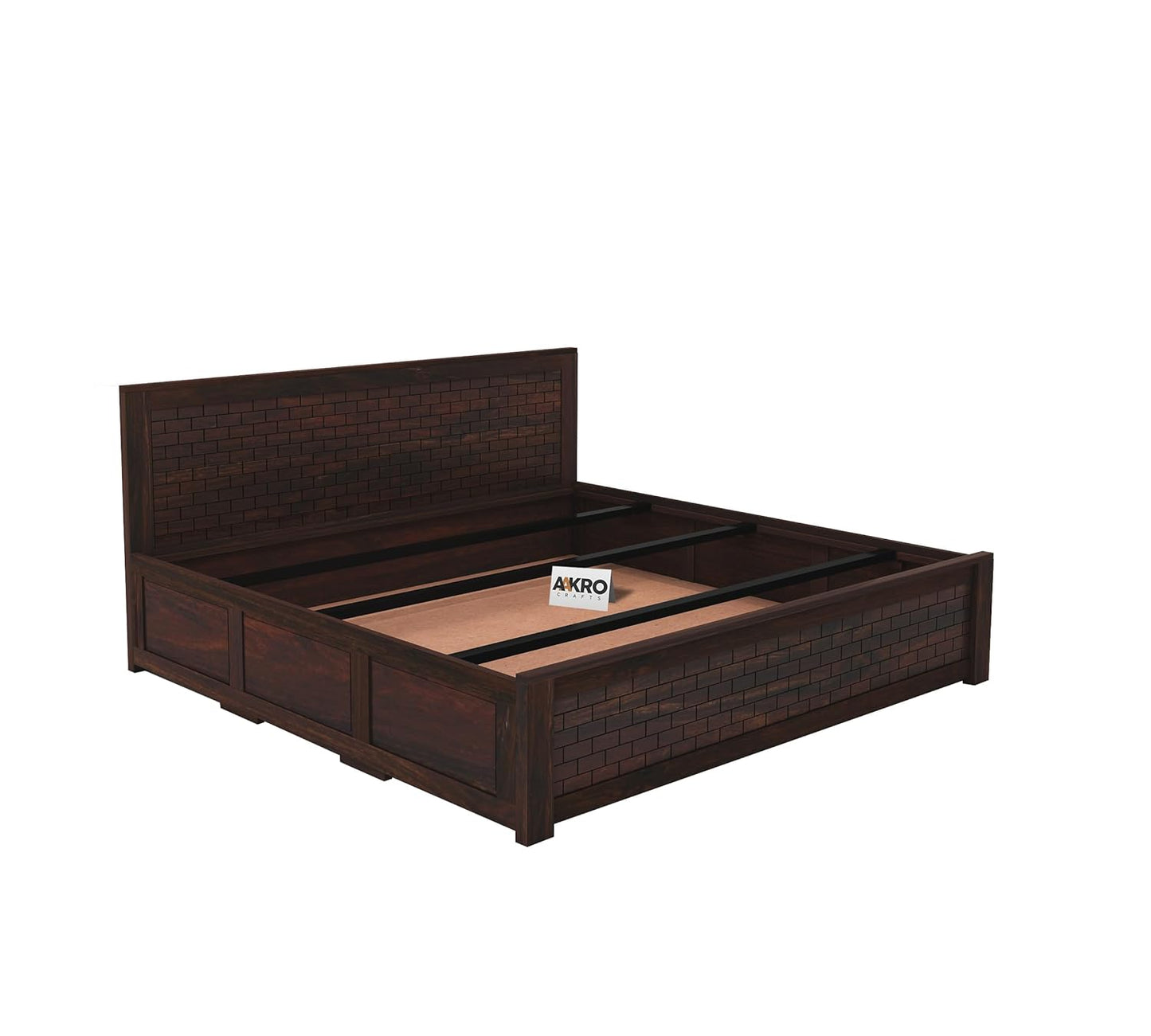 Sheesham Wood Brick Bed with Box Storage - 1 Year Warranty - Walnut Finish
