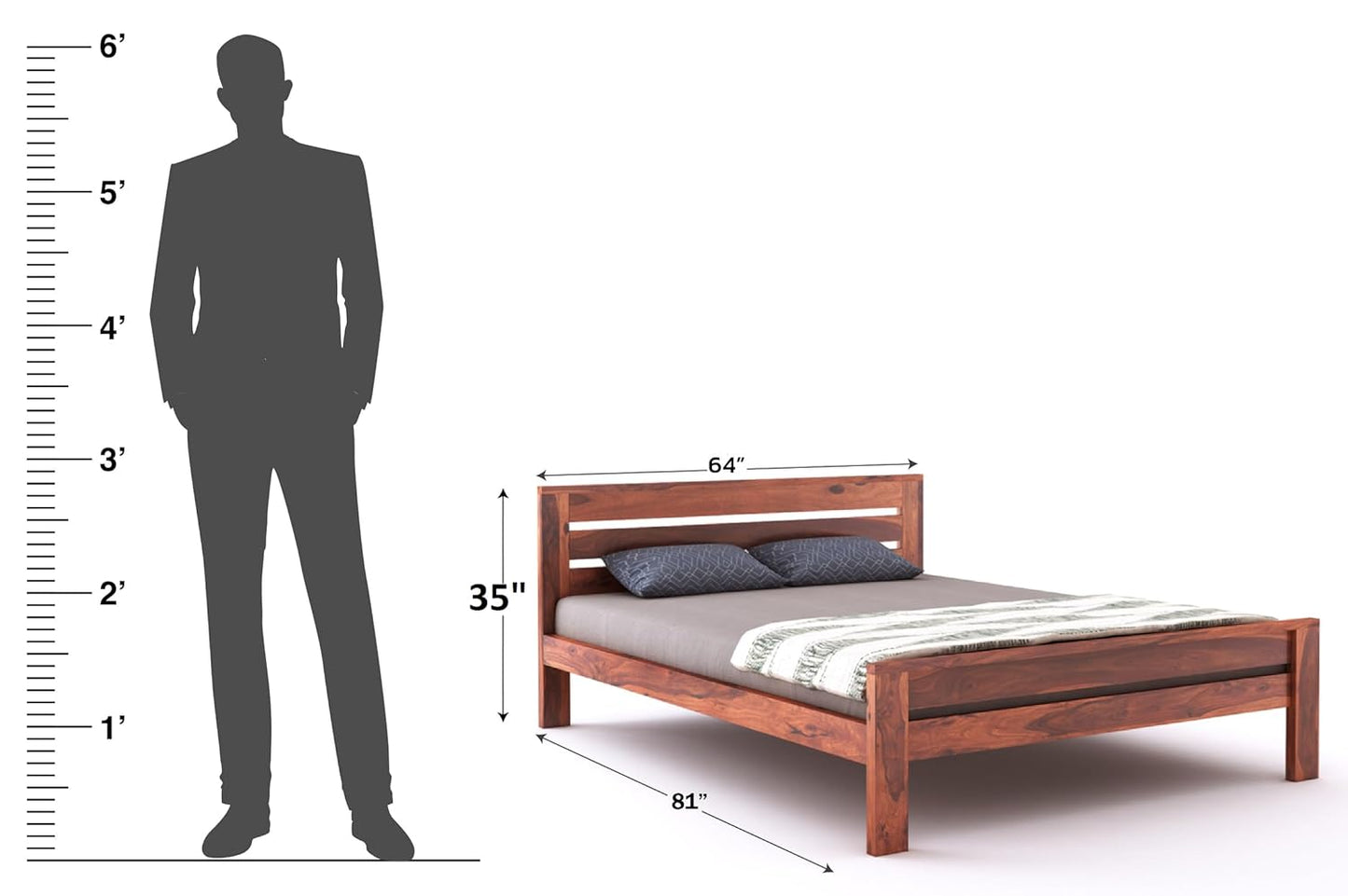 Sheesham Wood Bed Without Storage - 1 Year Warranty - Honey Finish