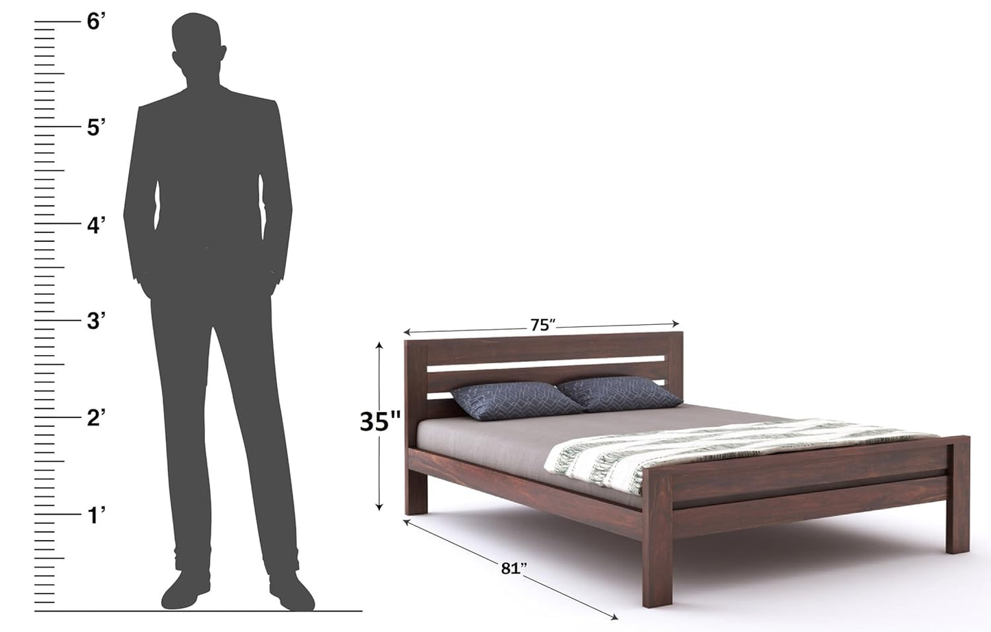 Sheesham Wood Bed Without Storage - 1 Year Warranty - Walnut Finish