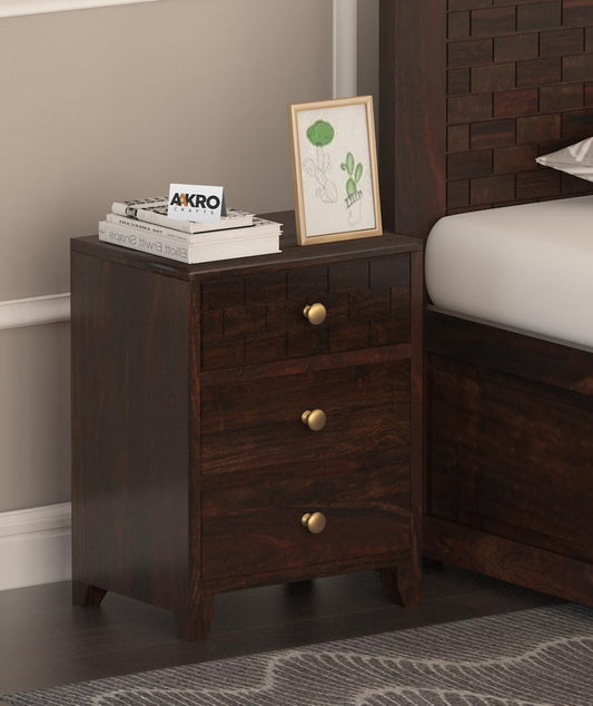 Sheesham Wood Bedside Table with 3 Drawer Storage - Brick Design