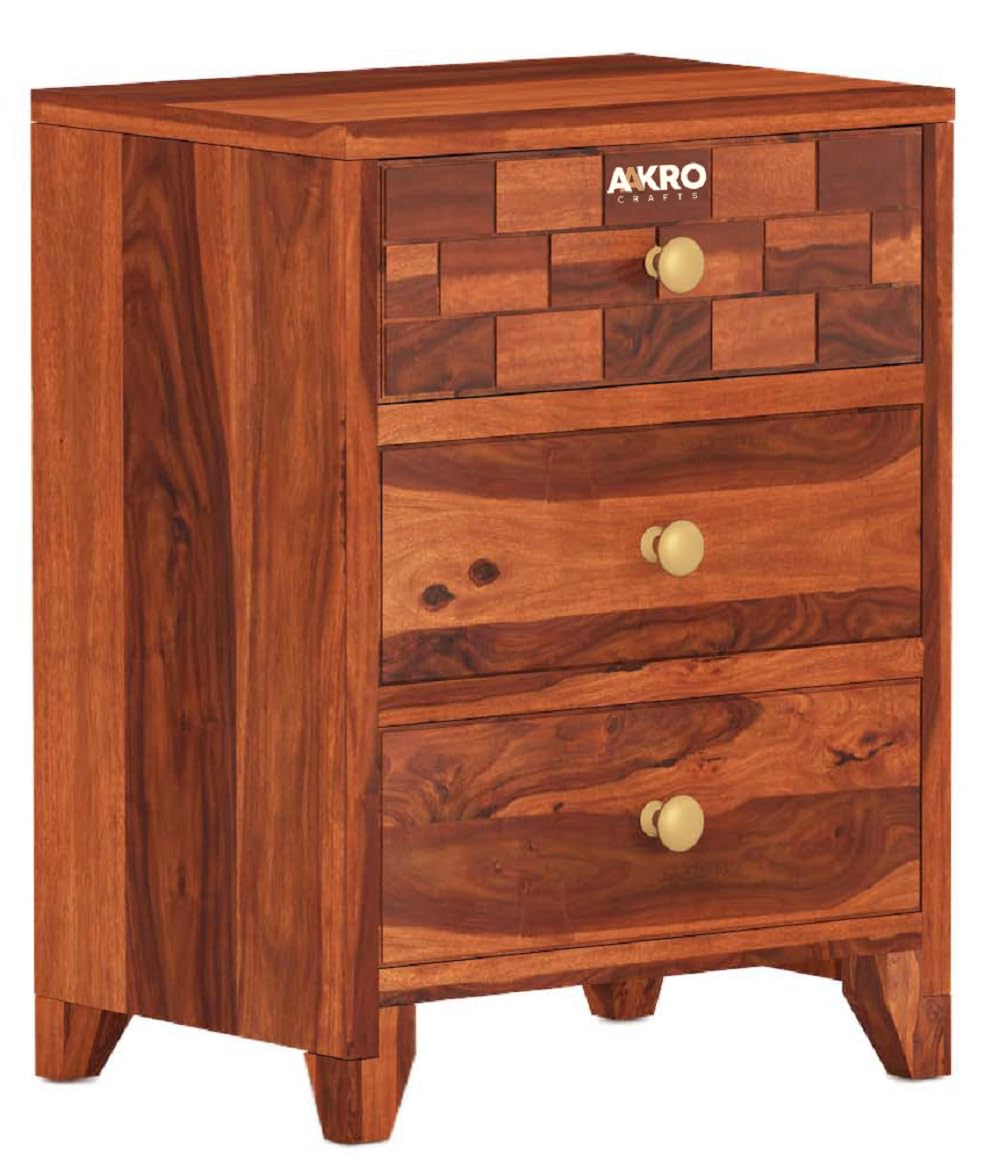 Sheesham Wood Bedside Table with 3 Drawer Storage - Brick Design