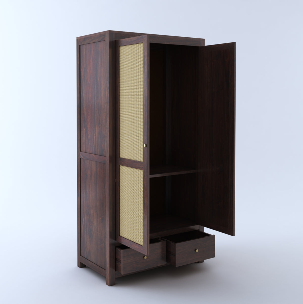 Cane Panel Wooden Wardrobe with Drawers