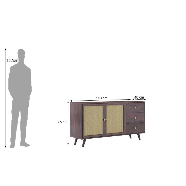 Cane Panel Sheesham Wood Sideboard with 3 Drawers – 2 Door Storage Cabinet