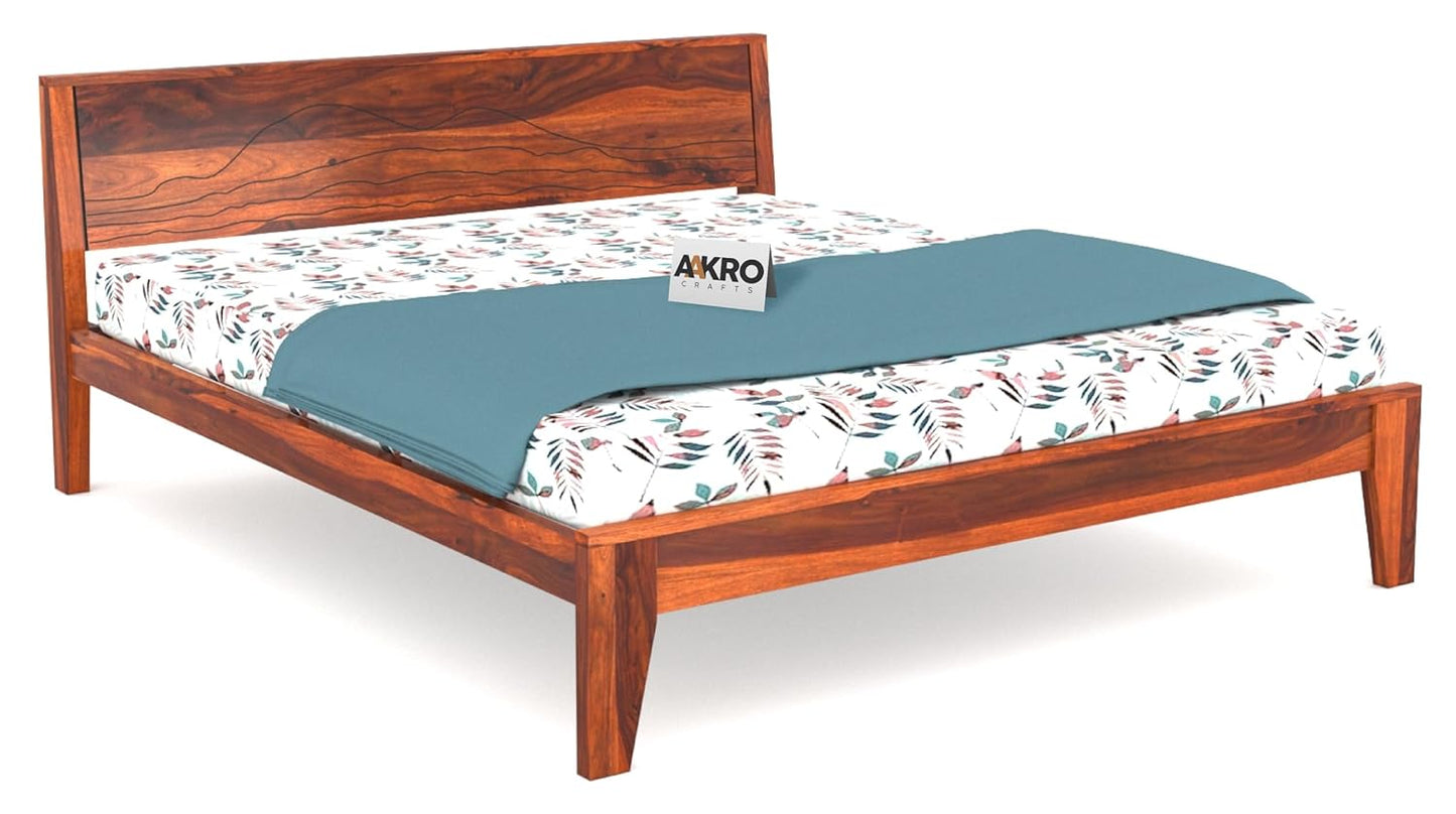 Sheesham Wood Grooved Double Bed Without Storage - Honey Finish