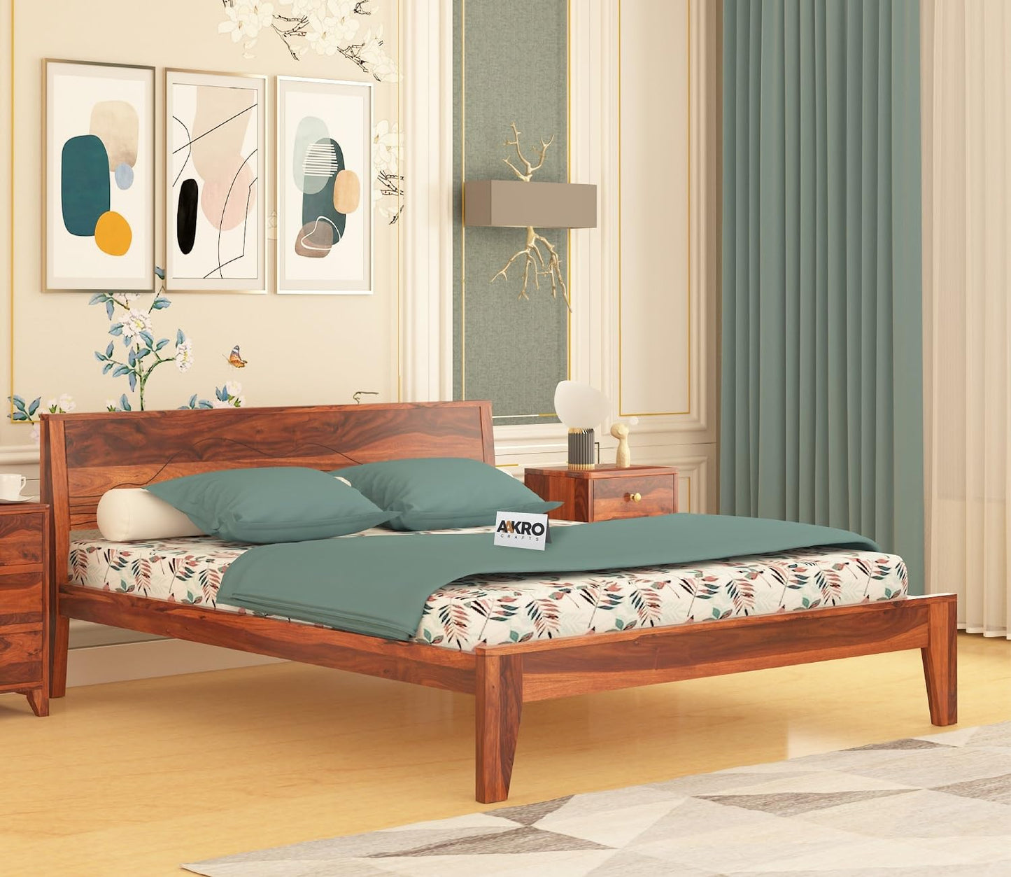 Sheesham Wood Grooved Double Bed Without Storage - Honey Finish