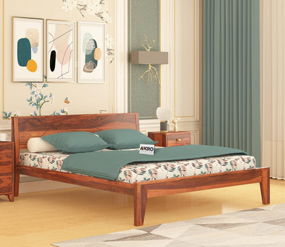 Sheesham Wood Grooved Double Bed Without Storage - Honey Finish