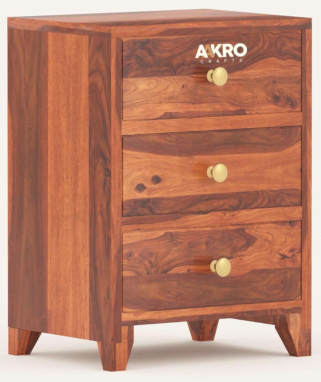 Sheesham Wood Bedside Table with 3 Drawer Storage - Grooved Design