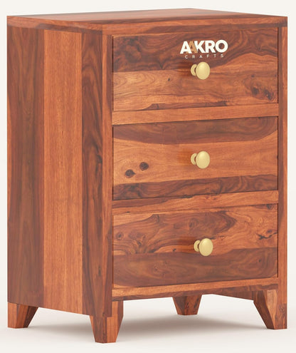 Sheesham Wood Bedside Table with 3 Drawer Storage - Grooved Design