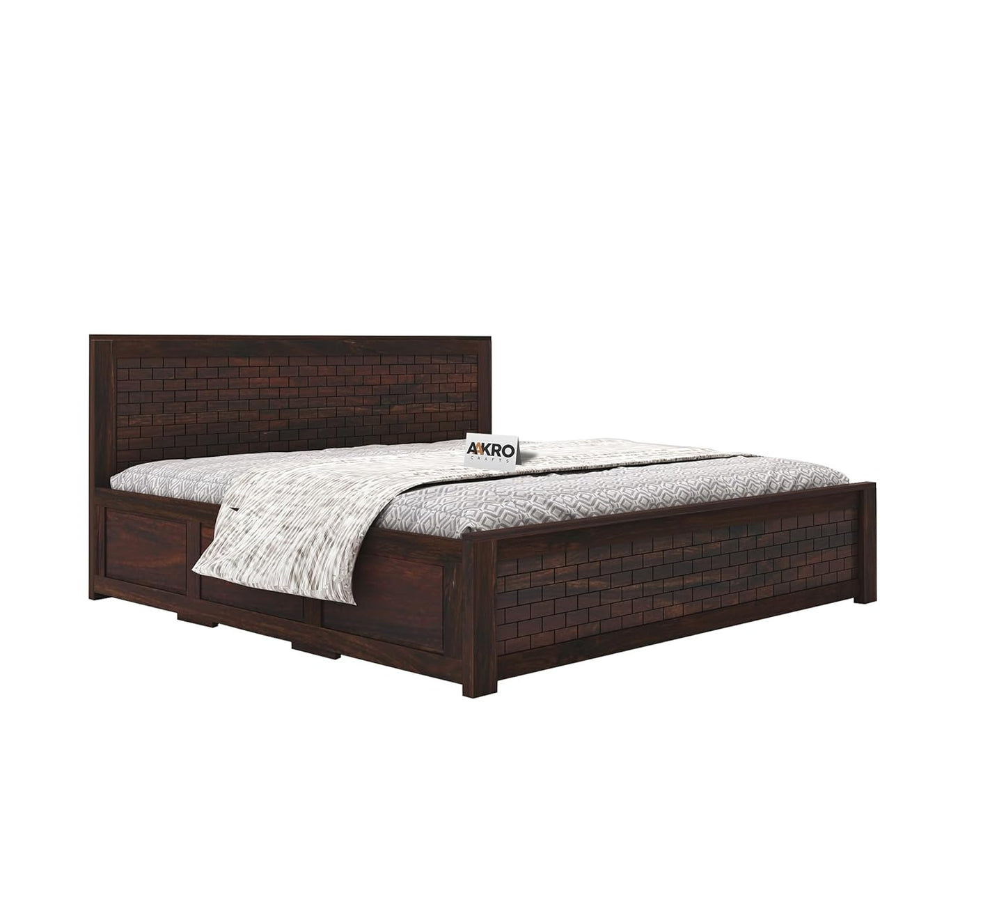 Sheesham Wood Brick Bed with Box Storage - 1 Year Warranty - Walnut Finish
