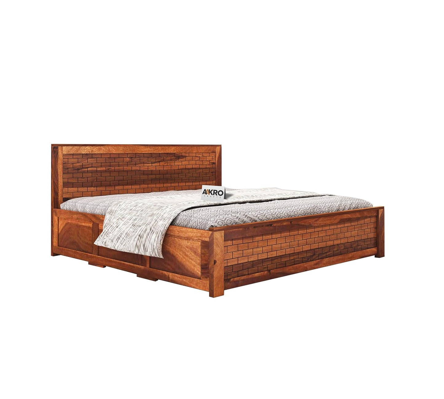 Sheesham Wood Birck Bed with Box Storage - 1 Year Warranty - Honey Finish