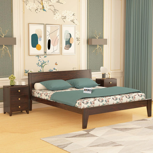 Sheesham Wood Grooved Double Bed Without Storage - Walnut Finish
