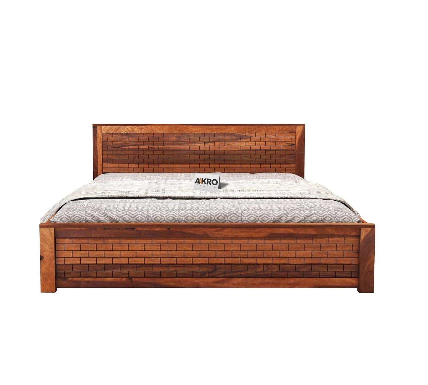 Sheesham Wood Birck Bed with Box Storage - 1 Year Warranty - Honey Finish