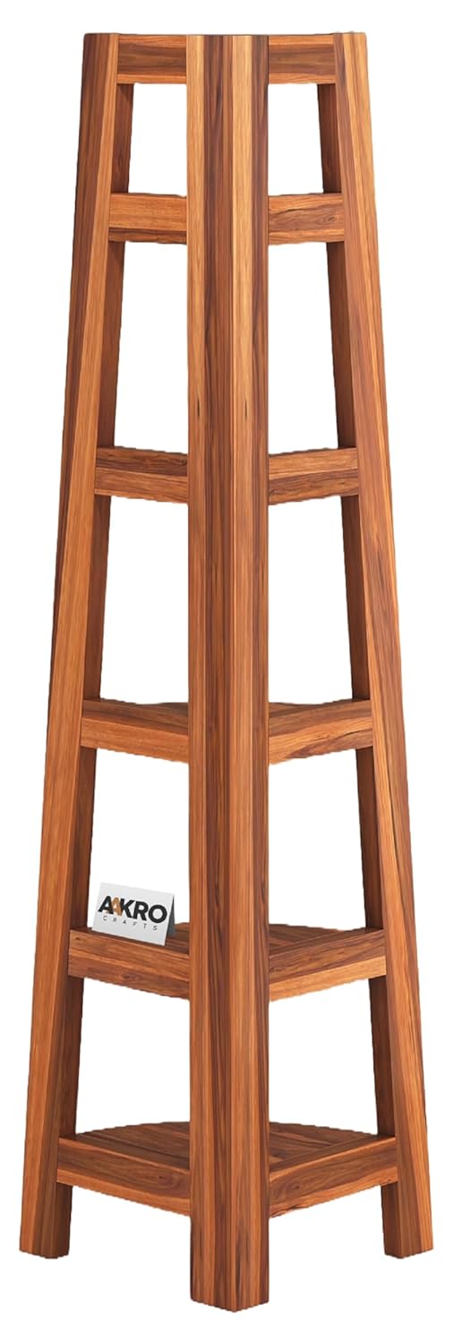 Sheesham Wood 5 Tier Corner Bookshelf / Bookcase Display Unit Honey Finish